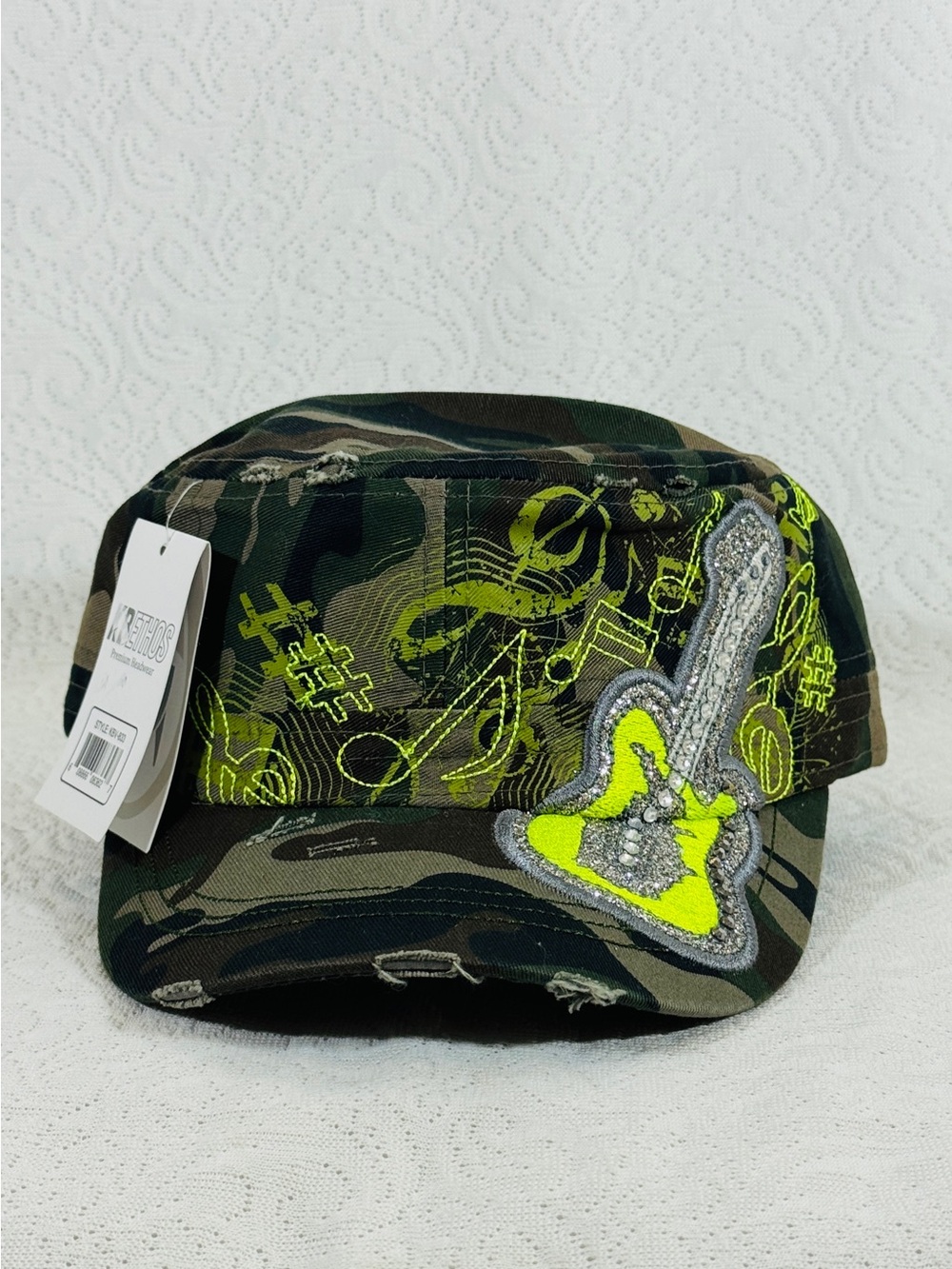 KBETHOS Camouflage Cap with Neon Yellow-Green Guitar Patch